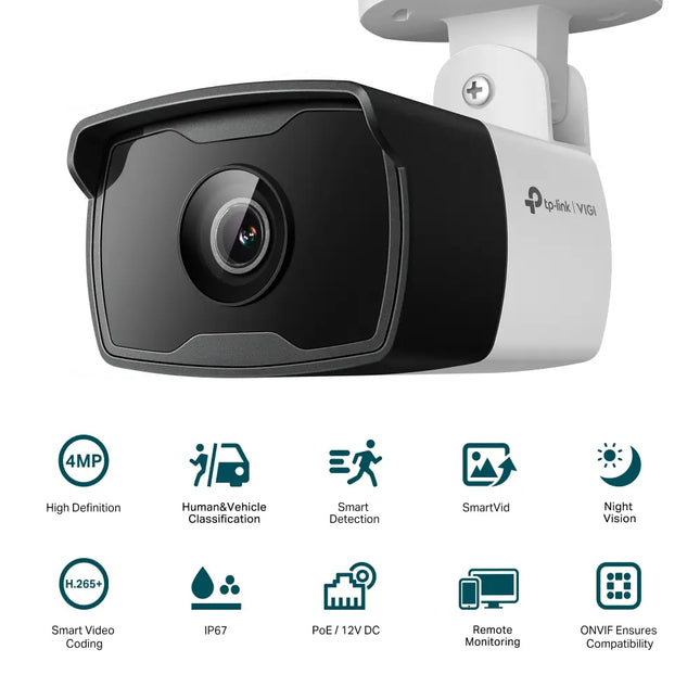 Close-up front view of the TP-Link VIGI C340I camera lens, showcasing the integrated infrared night vision LED array.