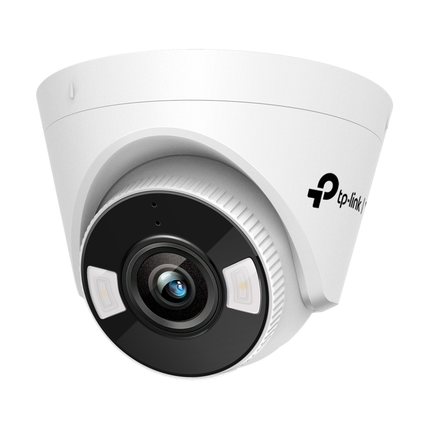 Angled profile view of the white compact TP-Link VIGI C440-W 4MP Wi-Fi turret network camera isolated on a white background.