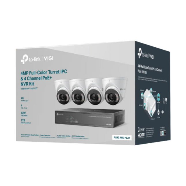 TP-Link VIGI NK4P-T4425-2T 4 × 4MP Full-Colour Turret Cameras + 4CH PoE+ NVR CCTV Kit (2TB HDD Pre-Installed)