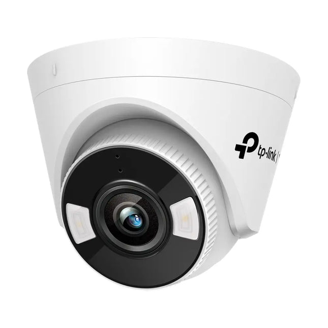 TP-Link VIGI C450 5MP full-colour turret network security camera in white, showcasing the high-definition lens and compact dome housing.