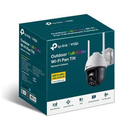 Close-up of the TP-Link VIGI C540-W lens and built-in spotlights, engineered for AI auto-tracking and 24-hour full-colour night vision.