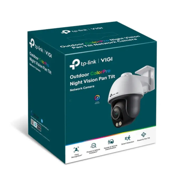 Close-up view of the TP-Link VIGI 4MP camera head highlighting the high-sensitivity ColourPro night vision lens, dual spotlights, and microphone.