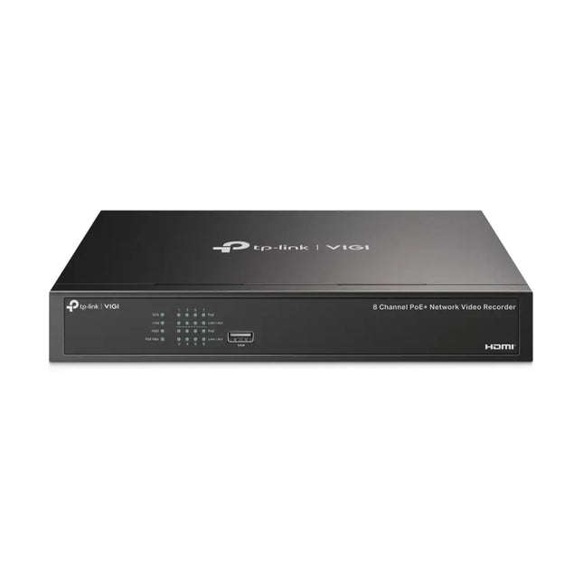 TP-Link VIGI NVR1008H-8P 8 Channel PoE+ Network Video Recorder front view showing a sleek black design.