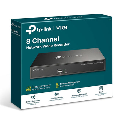 An infographic illustrating the VIGI NVR1008H's support for up to 10TB of SATA storage and H.265+ smart video coding to maximize recording time and bandwidth efficiency.