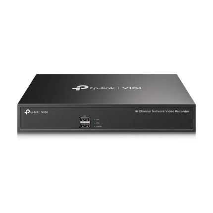 TP-Link VIGI NVR1016H 16-channel network video recorder in black, featuring status LED indicators and a compact design for business security systems.