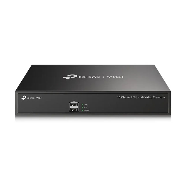 TP-Link VIGI NVR1016H 16-channel network video recorder in black, featuring status LED indicators and a compact design for business security systems.