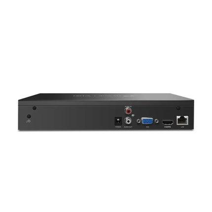 Rear panel view of the TP-Link VIGI NVR1016H showing the HDMI output, VGA port, RJ45 Ethernet port, audio interfaces, and power supply input.