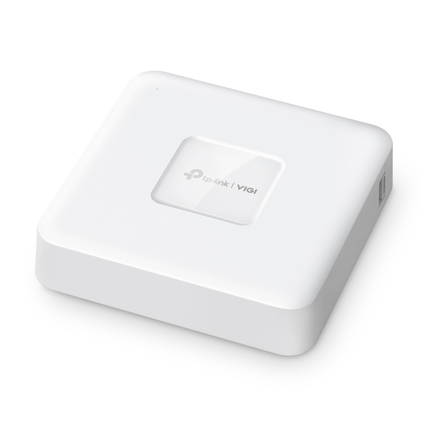 Front angle view of the black TP-Link VIGI NVR1104H-4P 4-channel PoE+ network video recorder isolated on a white background.