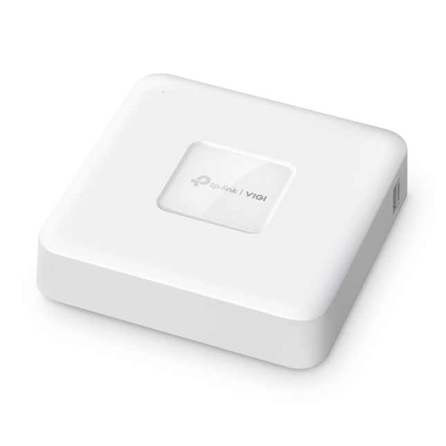 Front angle view of the black TP-Link VIGI NVR1104H-4P 4-channel PoE+ network video recorder isolated on a white background.