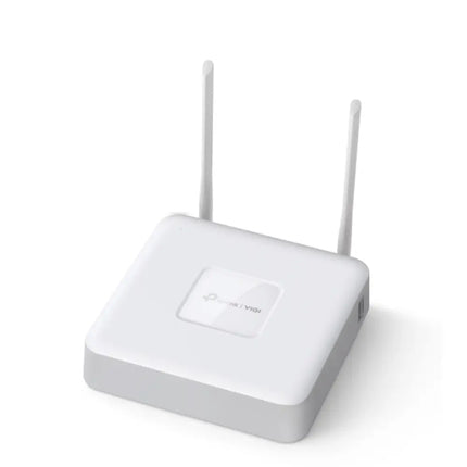 Top-down angled view of the white compact TP-Link VIGI NVR1108H-W 8-channel Wi-Fi network video recorder featuring two external dual-band antennas.