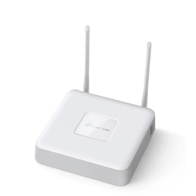 Top-down angled view of the white compact TP-Link VIGI NVR1108H-W 8-channel Wi-Fi network video recorder featuring two external dual-band antennas.