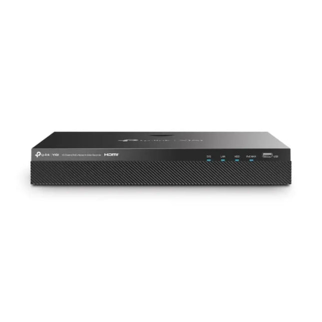 "Front panel view of the rackmountable TP-Link VIGI NVR2016H-16P 16-channel network video recorder, showing status LED indicators and the front USB port."