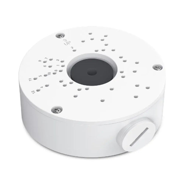 Front studio view of the white TP-Link VIGI VJB-300 network camera junction box made of durable aluminum alloy.