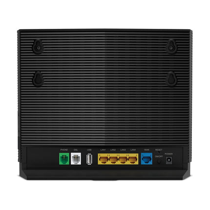 Rear connection panel of the VX420-G2h highlighting the DSL port, FXS telephone port for VoIP, and multiple Gigabit Ethernet LAN/WAN ports.