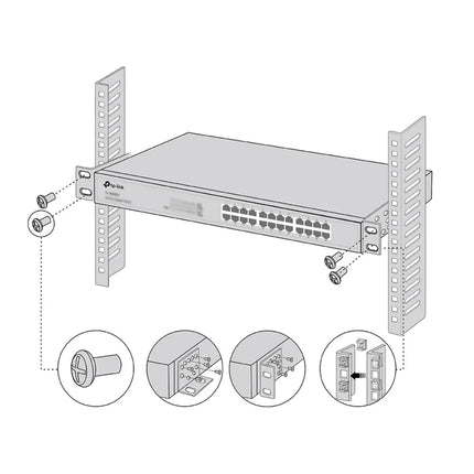 Close-up of the TP-Link Kit-19 rack mount brackets for securing 19-inch switches.