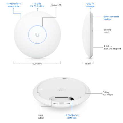 Ubiquiti U7 Pro, UniFi WiFi 7 AP, Ceiling - mount, AP 6 GHz Support, 2.5 GbE Uplink, 9.3 Gbps Over - the - air Speed, PoE+ Power, 300+ Connect Device, Incl. 2 Year Warranty - CCTV Guru