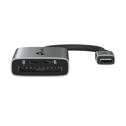 TP-Link UA430C Type-C card reader showing simultaneous dual-card reading capability with USB 3.0 data transfer speeds.