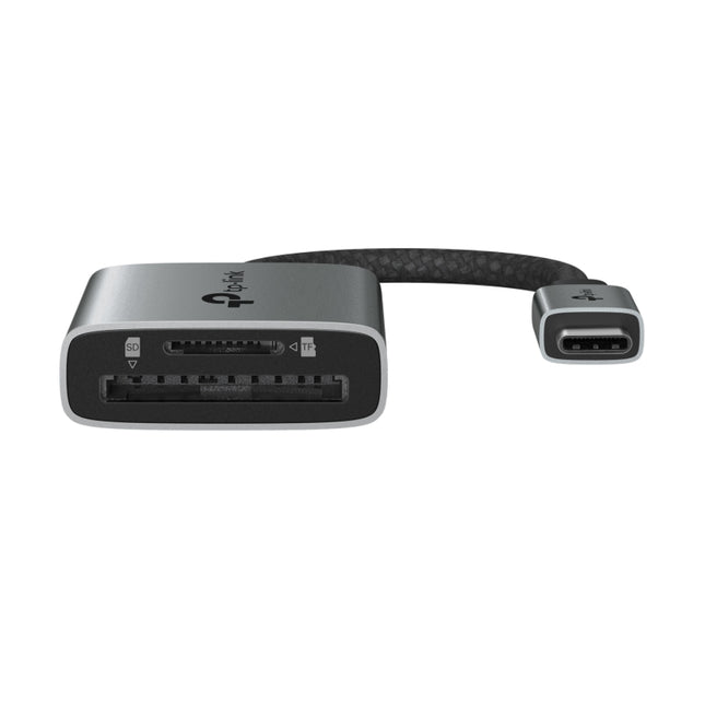 TP-Link UA430C Type-C card reader showing simultaneous dual-card reading capability with USB 3.0 data transfer speeds.