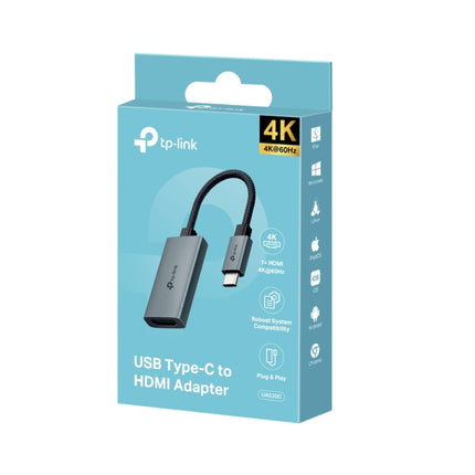 Plug-and-play TP-Link UA520C USB-C to HDMI adapter, universally compatible with MacBook Pro, iPad Pro, and Windows laptops.