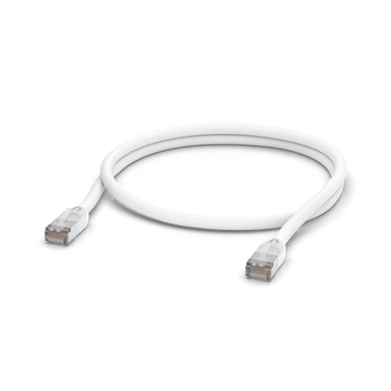 Ubiquiti UniFi outdoor weatherproof Cat5e RJ45 patch cable in white and black, UV-resistant