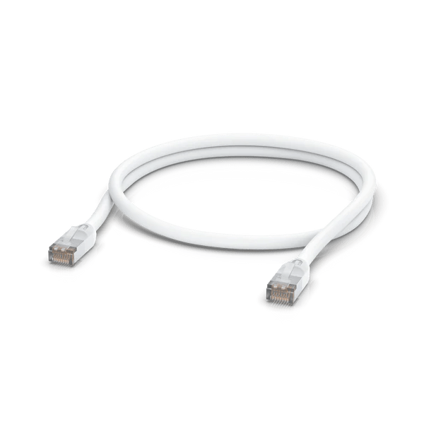 Ubiquiti UniFi outdoor weatherproof Cat5e RJ45 patch cable in white and black, UV-resistant