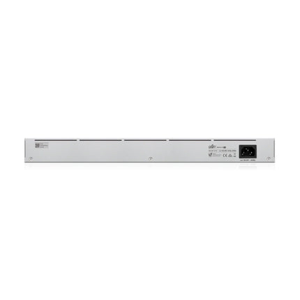 Angle view of the fanless silver SGCC steel 1U rackmount chassis of the Ubiquiti UniFi USW-16-POE network switch, showing its passive cooling design built for completely silent operation.