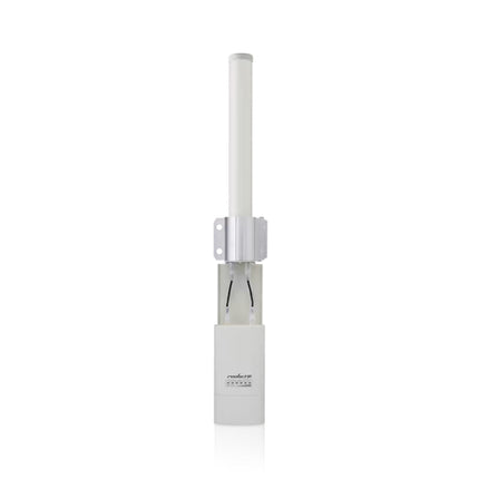 Close-up view of the base of the Ubiquiti AMO-5G10 antenna showing the integrated mount bracket for Rocket radios and two weatherproof RP-SMA RF terminals.