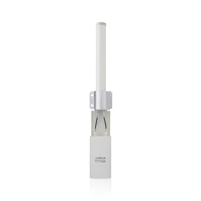 Close-up view of the base of the Ubiquiti AMO-5G10 antenna showing the integrated mount bracket for Rocket radios and two weatherproof RP-SMA RF terminals.