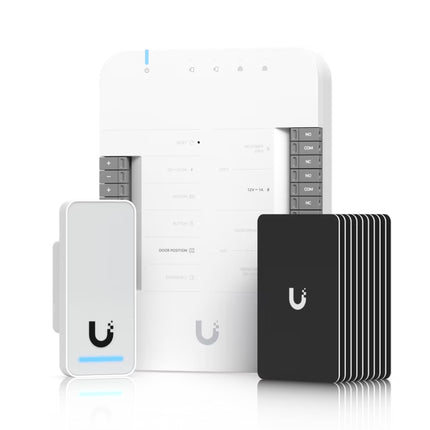 Ubiquiti Access G2 Starter Kit featuring Door Hub, G2 readers, and UniFi Access cards.