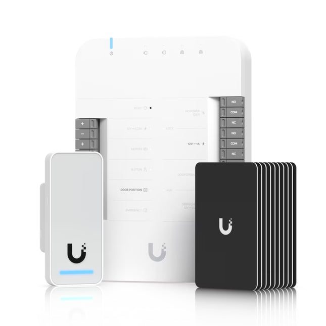 Ubiquiti Access G2 Starter Kit featuring Door Hub, G2 readers, and UniFi Access cards.