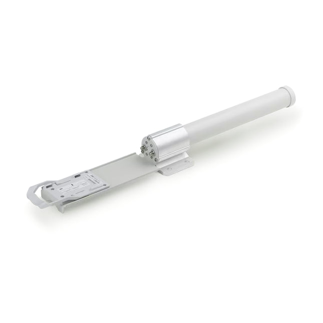 Ubiquiti airMAX 5GHz omni antenna package layout showing the included heavy-duty U-bolts, pole-mounting brackets, and two shielded RF jumper cables.