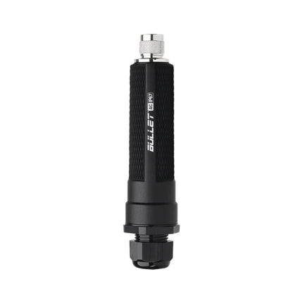 Detailed close-up shot of the heavy-duty, threaded silver N-male RF terminal at the top of the Ubiquiti BulletAC radio, designed for direct antenna coupling.