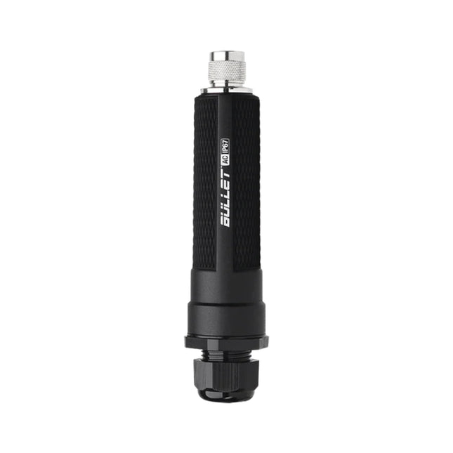 Detailed close-up shot of the heavy-duty, threaded silver N-male RF terminal at the top of the Ubiquiti BulletAC radio, designed for direct antenna coupling.