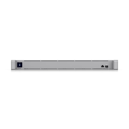 Rear panel of Ubiquiti CloudKey Enterprise showing redundant power supplies, GbE RJ45, and 10G SFP+ port.