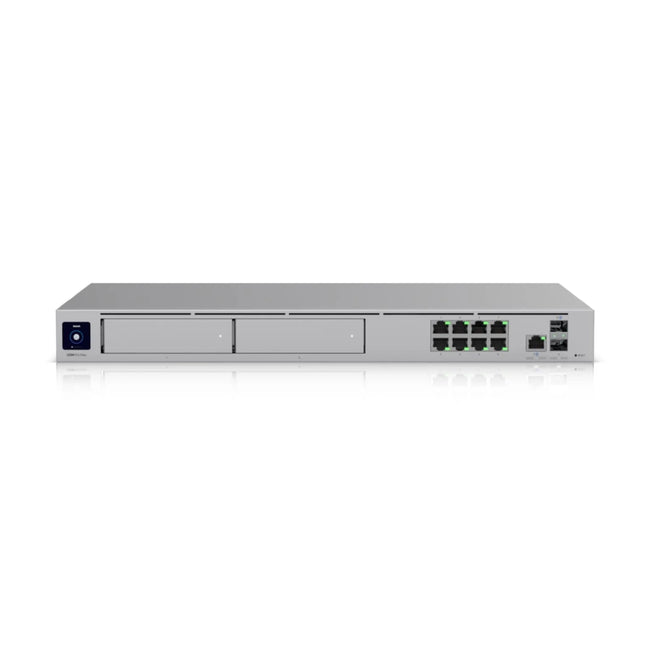 Ubiquiti UniFi Dream Machine Pro Max 10 Gbps Cloud Gateway front view showing LCM touchscreen display and dual 3.5-inch NVR drive bays