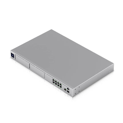 Ubiquiti UniFi Dream Machine Pro Max front panel showing 2.5GbE RJ45 ports and 10G SFP+ WAN and LAN uplink slots