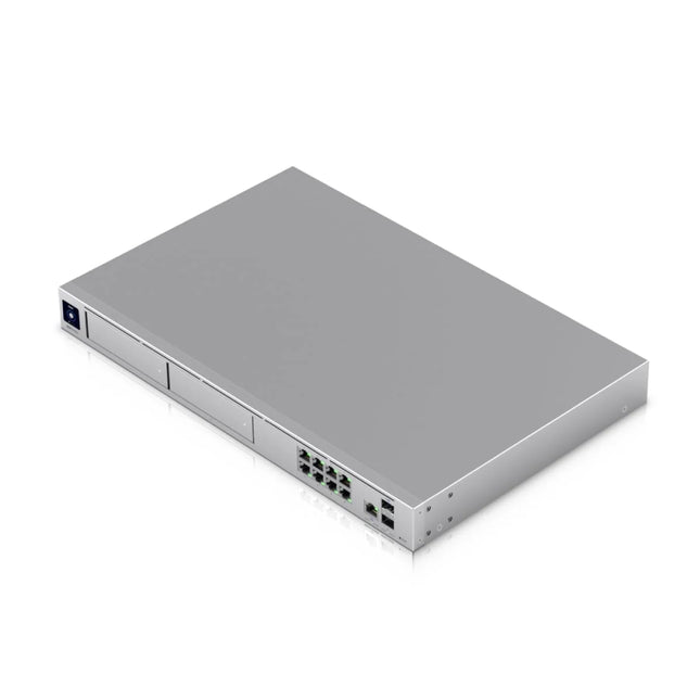 Ubiquiti UniFi Dream Machine Pro Max front panel showing 2.5GbE RJ45 ports and 10G SFP+ WAN and LAN uplink slots