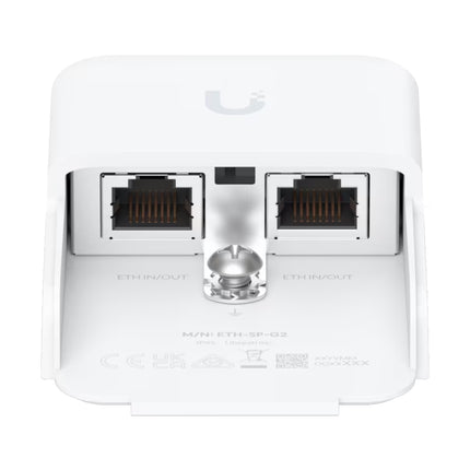 Ubiquiti Ethernet Surge Protector showing dual Gigabit RJ45 PoE input and output ports