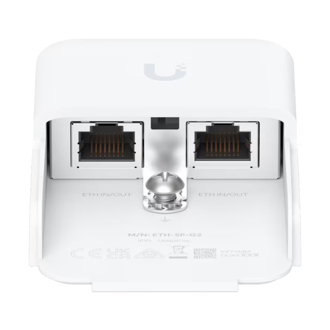Ubiquiti Ethernet Surge Protector showing dual Gigabit RJ45 PoE input and output ports