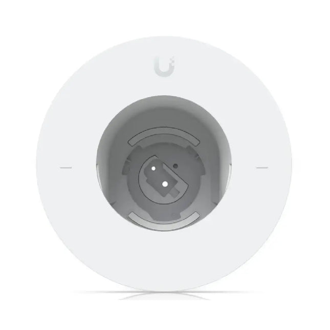 Ubiquiti G6 PTZ In-Ceiling Mount angled view showing structural polycarbonate housing and flush trim ring.
