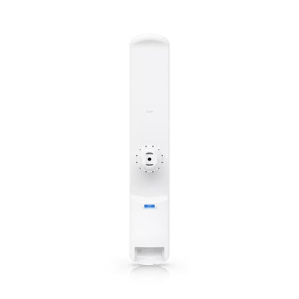 Underside view of the Ubiquiti LiteBeam AC base station panel with the hatch open, revealing the shielded Gigabit Ethernet PoE port.