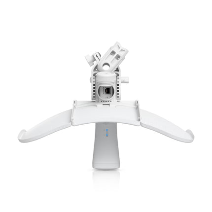 Retail box display of the Ubiquiti LiteBeam AC package, showing the interlocking reflector panels, feedhorn radio, mounting brackets, and 24V PoE injector.