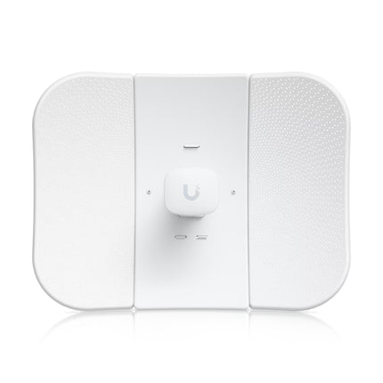 Ubiquiti LiteBeam 5AC 23dBi outdoor directional CPE radio transmitter featuring its signature white lightweight three-panel mesh reflector dish design.