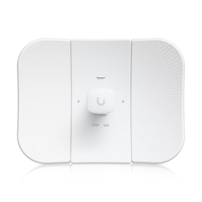 Ubiquiti LiteBeam 5AC 23dBi outdoor directional CPE radio transmitter featuring its signature white lightweight three-panel mesh reflector dish design.