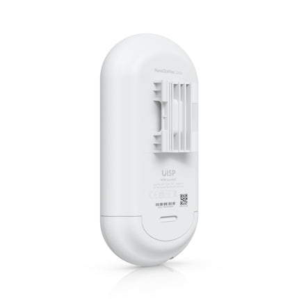 Rear view of the Ubiquiti Loco5AC radio showing the integrated vertical pole-mounting slot and zip-tie guide channel for outdoor installation.