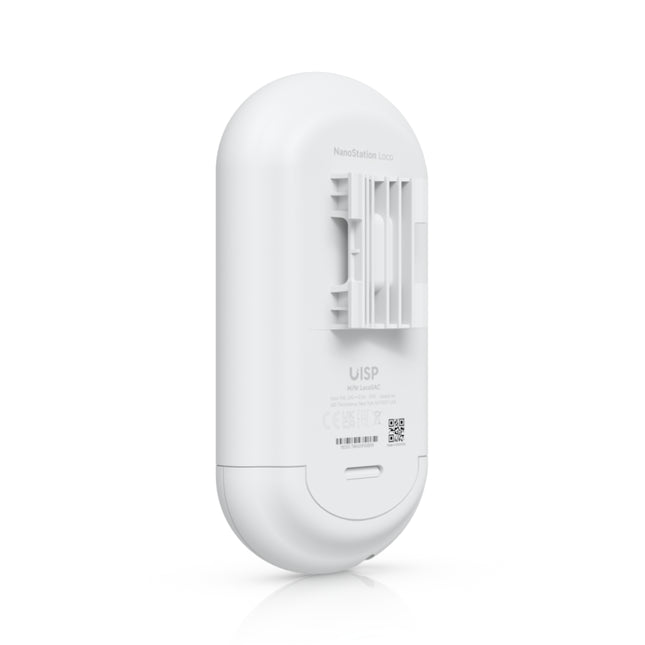 Rear view of the Ubiquiti Loco5AC radio showing the integrated vertical pole-mounting slot and zip-tie guide channel for outdoor installation.