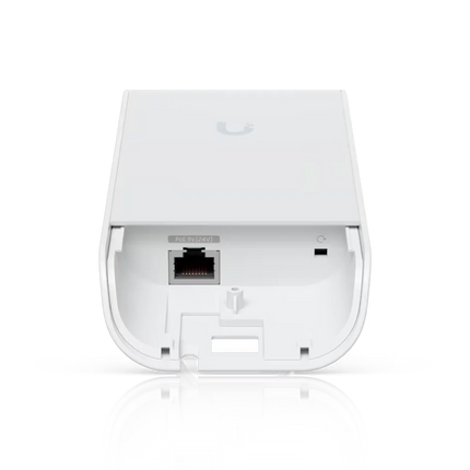 Ubiquiti NanoStation Loco M2 LOCOM2 bottom view — PoE Ethernet port and mounting bracket detail, 24V passive PoE powered outdoor CPE