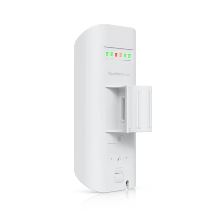 Ubiquiti NanoStation Loco M2 LOCOM2 side profile — status LEDs and PoE Ethernet port visible, 2.4GHz airMAX outdoor CPE