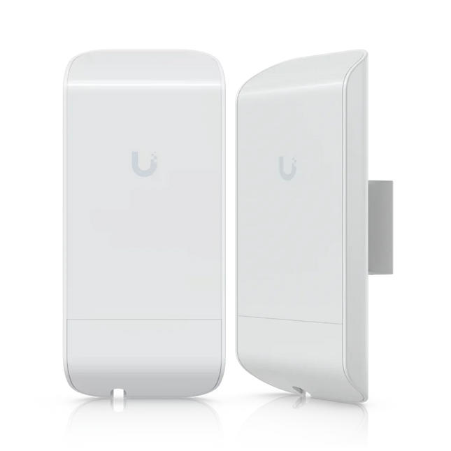 Ubiquiti NanoStation Loco M5 LOCOM5 P2P pair kit — two units front and side view, 5GHz point-to-point wireless bridge, 2 × PoE adapters included, Australian stock