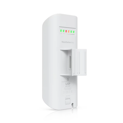 Ubiquiti NanoStation Loco M5 LOCOM5 mounted on outdoor pole — 5GHz point-to-point wireless bridge CPE, 10+ km range, airMAX TDMA, Australian deployment